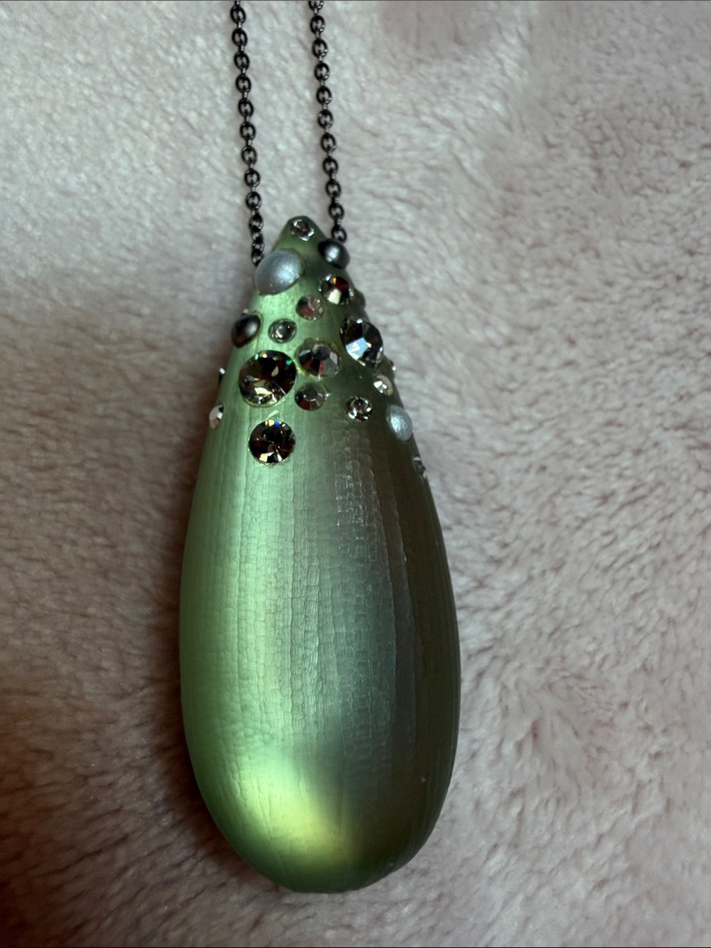 Alexis Bittar Green Lucite TeardropPendant Necklace w/ Crystal & gunmetal chain
